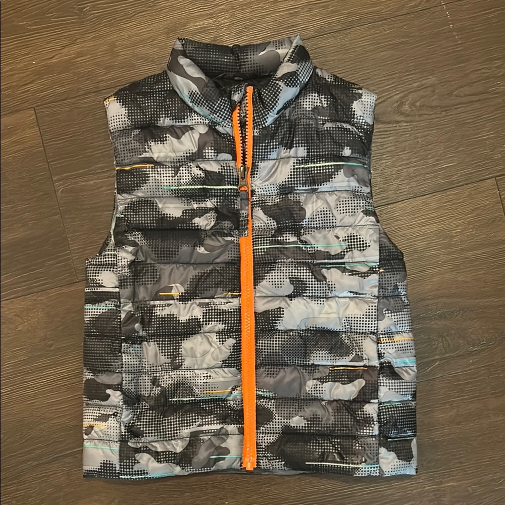 Lands' End Kids Camo Puffer Vest with Orange Accent